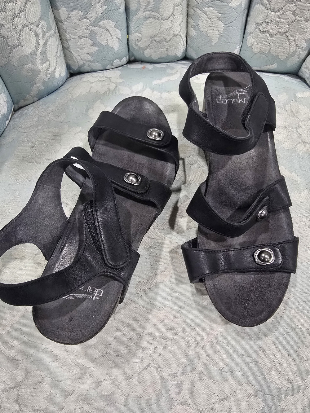 Dansko Y2K Women's Black Adjustable Leather Wedge Sandals Sz 38/7.5